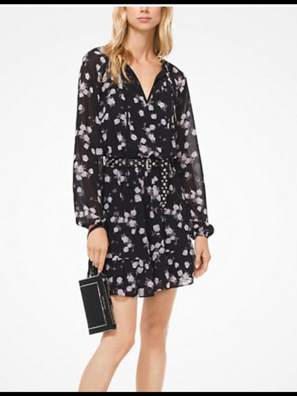 Michael Kors Black Floral Chiffon Mini Dress Long Sleeve Size S